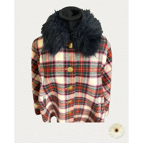 Crown & Ivy Women's Plaid Faux Fur Removable Collar Cape With Pockets Size Small - Picture 8 of 10